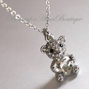 Girls Womens Cute Teddy Bear Love Heart CZ Fun Pendant Necklace